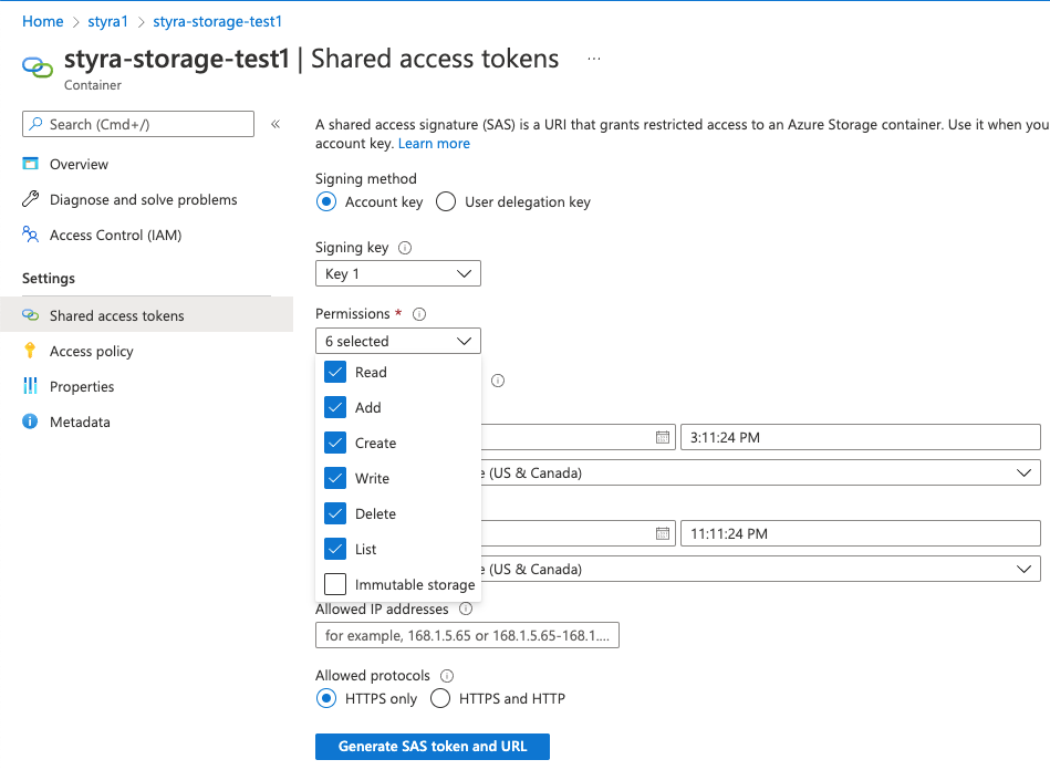 Figure 3 - Create Container Shared Access Token