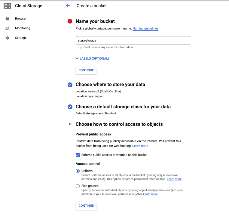 Figure 5 - Create a Google Storage Bucket